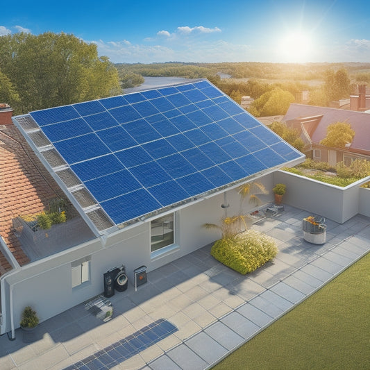 An illustration of a residential rooftop with solar panels installed, surrounded by measuring tapes, calculators, and blueprints, with a subtle background of a sunny day and a faint grid of electricity lines.