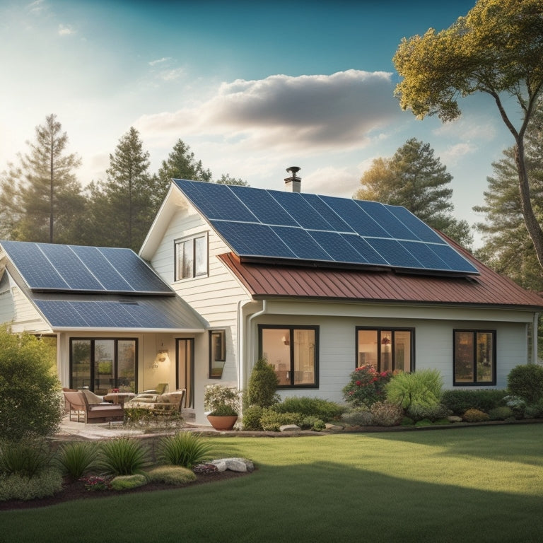 A serene suburban home with a sloping roof, surrounded by lush greenery, featuring three distinct solar panel arrays from different brands, each with unique panel designs and mounting systems.