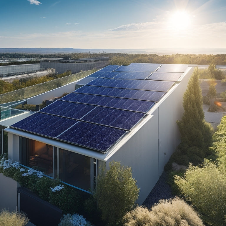 A modern, sleek residential rooftop with multiple large, high-efficiency solar panels in a sleek black frame, angled to maximize sunlight absorption, surrounded by neatly trimmed greenery and a clear blue sky.