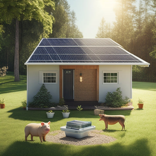 An illustration of a sunny backyard with a residential solar panel system, a piggy bank, and a few money notes scattered around, surrounded by subtle greenery and a faint grid pattern in the background.