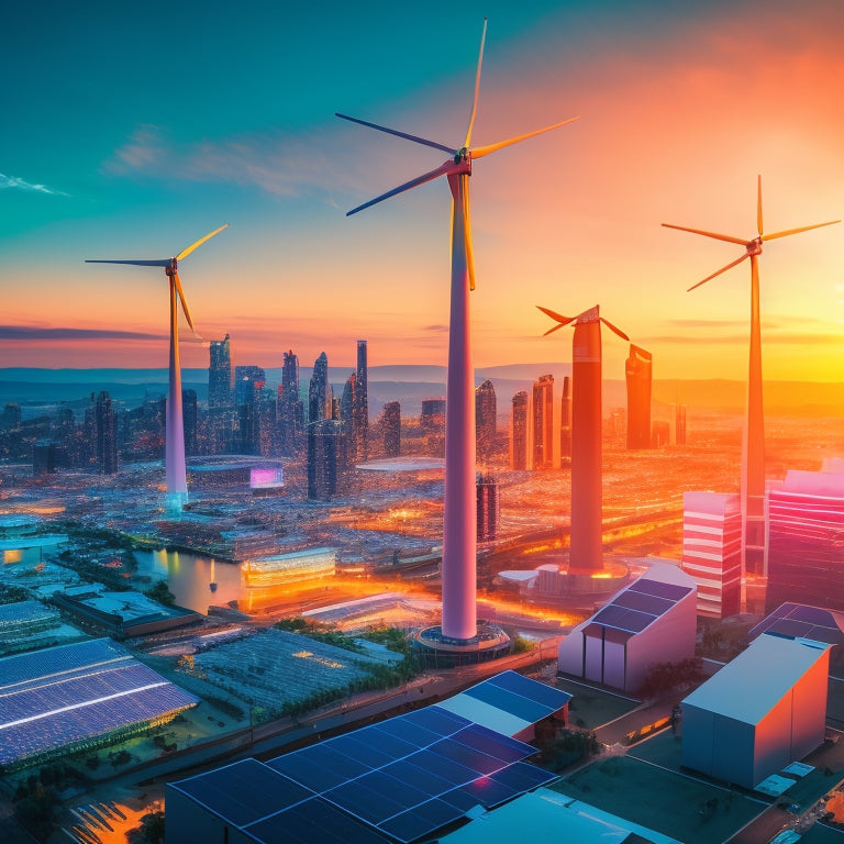 A futuristic cityscape at dusk, with sleek skyscrapers and wind turbines in the background, featuring a giant solar panel with puzzle pieces falling into place, surrounded by descending arrows and decreasing graphs.