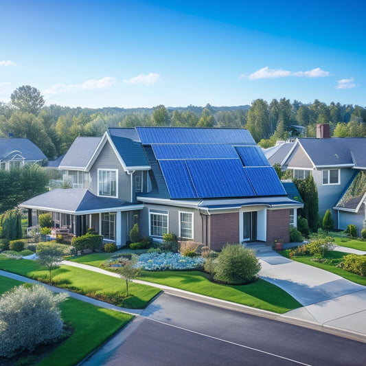 A serene suburban neighborhood with multiple identical houses, except one featuring a sleek, black solar panel array on its roof, surrounded by lush greenery and a bright blue sky with fluffy white clouds.