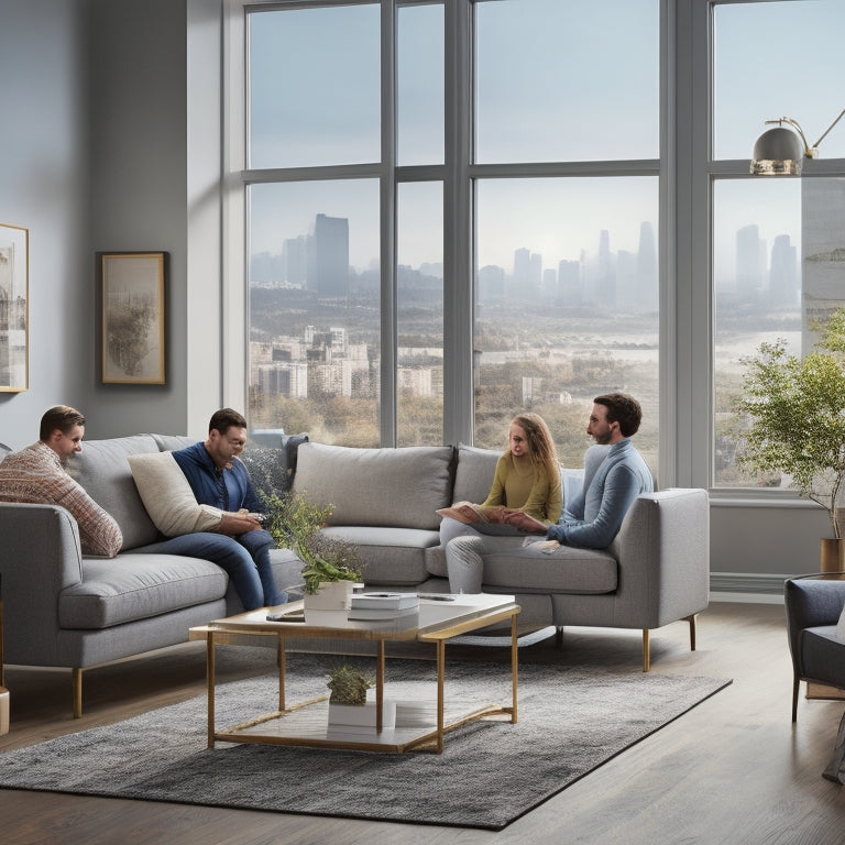 A serene, modern living room with a family sitting on a couch, surrounded by subtle hints of renovation: a ladder, a paint can, and a blueprint on the coffee table, with a subtle cityscape outside the window.