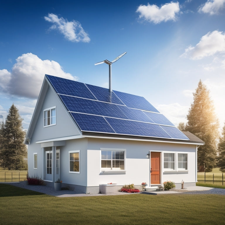 An illustration of a house with solar panels on the roof, a battery storage unit in the garage, and various electrical components and wiring connecting them, set against a bright blue sky with fluffy white clouds.