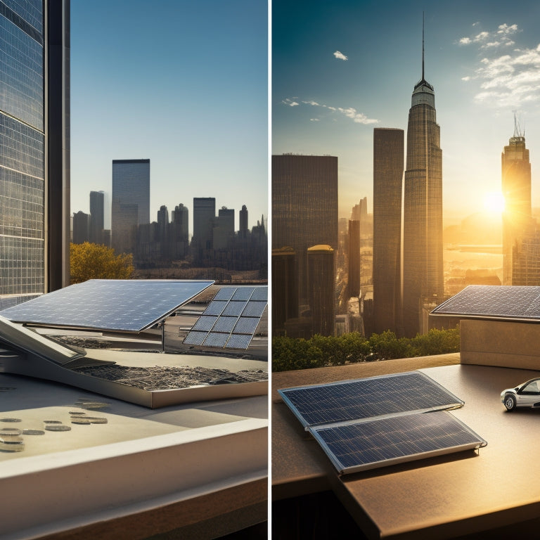 A split-screen image with a sunny rooftop on the left, featuring solar panels installed at an angle, and a calculator on the right, surrounded by scattered papers and coins, with a subtle background of a cityscape.