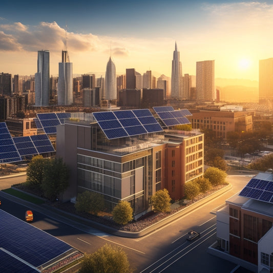 An illustration of a cityscape with multiple buildings, each with a unique solar panel installation: varying panel sizes, angles, and roof types, showcasing diverse installation scenarios.