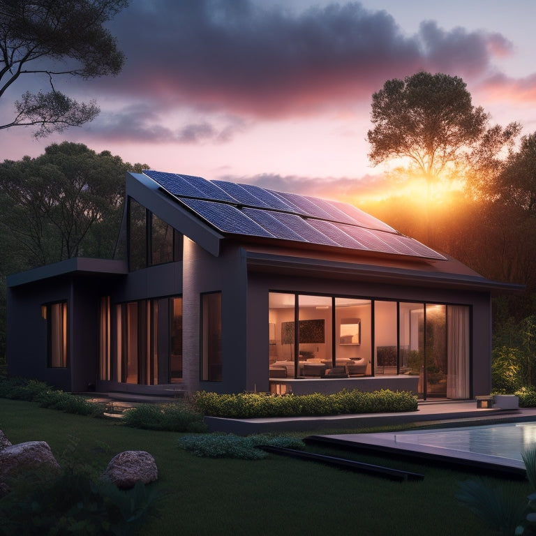 A serene, modern home at sunset with a sleek, black solar panel array on the roof, surrounded by lush greenery, and a subtle, glowing battery icon on the exterior wall.