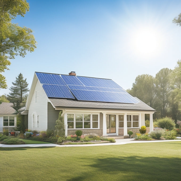 A serene suburban home with solar panels installed on its roof, surrounded by lush greenery and a bright blue sky with a few white, puffy clouds.