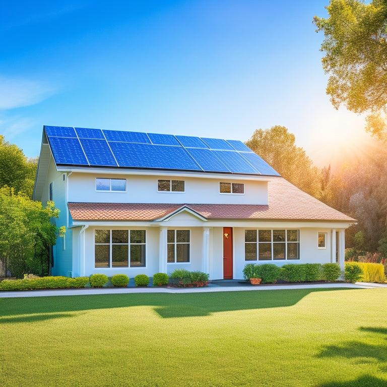 A serene suburban home with a mix of solar panels in various sizes and angles on the roof, surrounded by lush greenery and a bright blue sky with a few puffy white clouds.