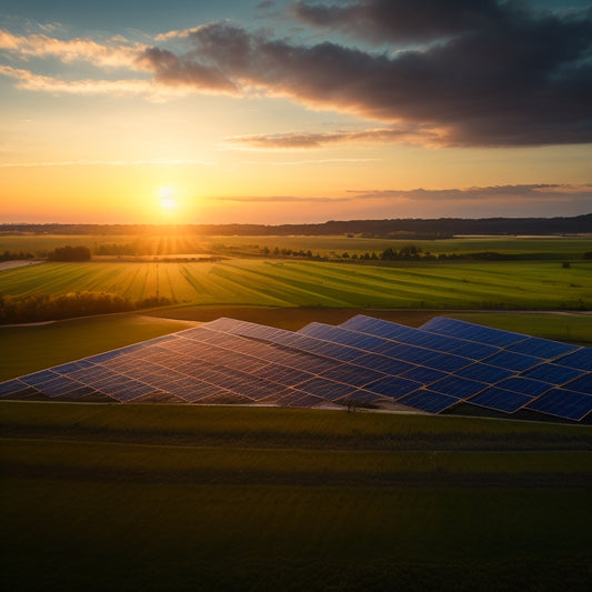 A serene landscape featuring a sprawling solar farm with sleek, black panels angled towards the sky, surrounded by lush greenery and a few wispy clouds, with a subtle sun glow in the background.