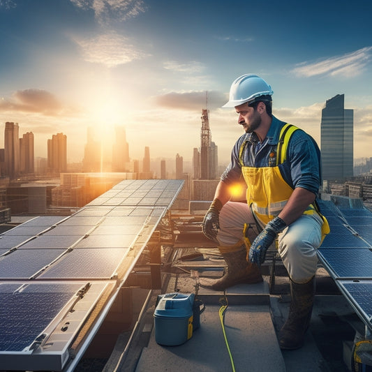 A photorealistic image of a person in a hard hat and gloves, holding a wrench, standing on a rooftop surrounded by partially installed solar panels and tools, with a cityscape in the background.