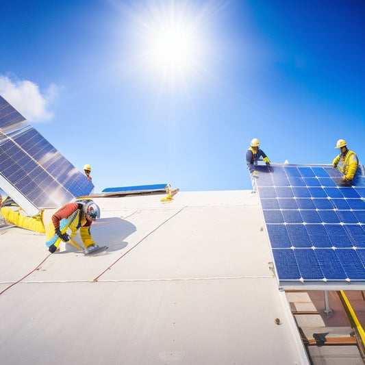 Aerial view of a roof with solar panels being installed, depicting a ladder, toolbox, and measuring tape, with a worker in a hard hat and harness, against a bright blue sky with fluffy white clouds.