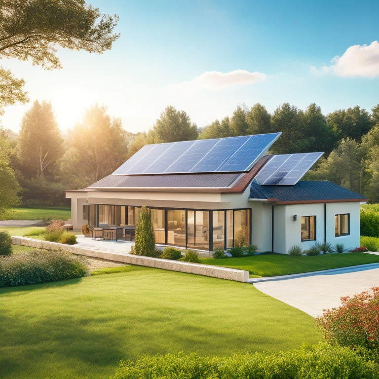 A serene suburban landscape with a modern home featuring a mix of rectangular and triangular solar panels on the roof, surrounded by lush greenery and a clear blue sky.