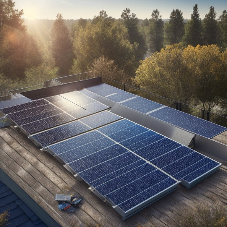 An illustration of a solar panel array on a rooftop, with various elements affecting energy output visually represented: dirty panels with dust and debris, shading from nearby trees, and angle/tilt variations.