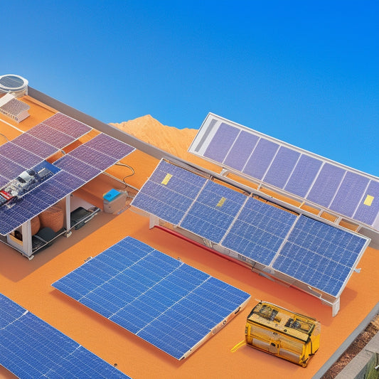 A split-screen illustration featuring a solar panel system on a rooftop on one side, and a detailed, exploded view of a lithium-ion battery on the other, with various components and wires highlighted in bright colors.