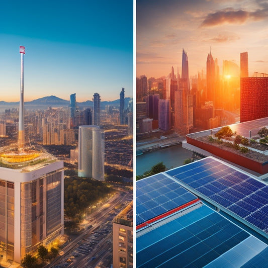 A split-screen image featuring a cityscape with sleek, modern buildings integrated with solar panels on rooftops and facades, alongside a close-up of a solar panel's intricate circuitry and photovoltaic cells.