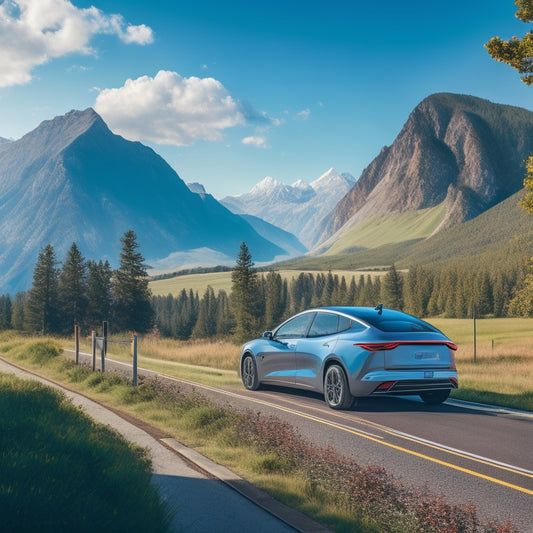 A scenic highway with a sleek electric vehicle (EV) in the foreground, plugged into a roadside charging station, surrounded by lush greenery and a distant mountain range under a clear blue sky.