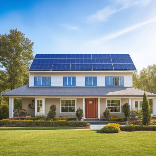 A serene suburban home with a pitched roof, covered in a mix of five distinct solar panel arrays, each with unique panel sizes, frames, and mounting systems, set against a clear blue sky.