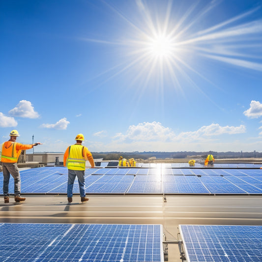 A bright blue sky with fluffy white clouds above a rooftop lined with rows of sleek, silver solar panels, with a single maintenance worker in a yellow vest and hard hat inspecting the panels.