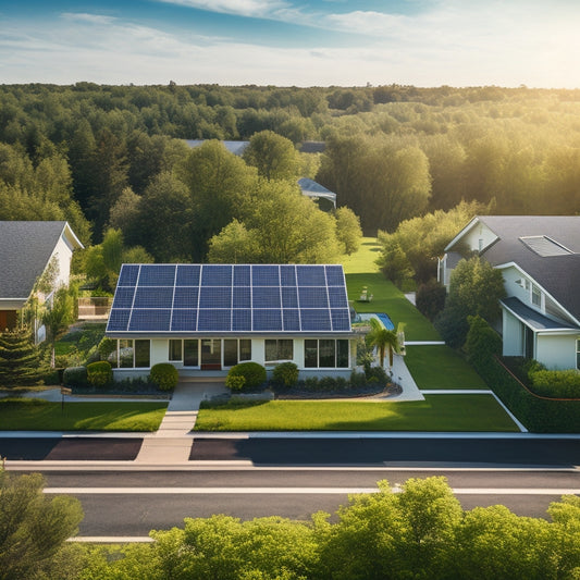 A serene suburban landscape with multiple rooftops featuring sleek, black solar panels at varying angles, surrounded by lush green trees and a bright blue sky with subtle clouds.