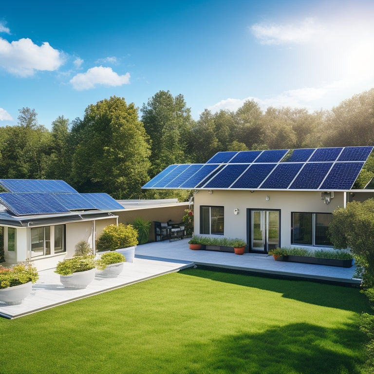 A sunny backyard with three rows of sleek, black solar panels installed on a modern rooftops, surrounded by lush green trees and a bright blue sky with a few white, puffy clouds.