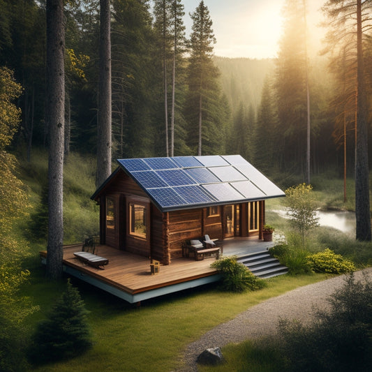 A serene landscape featuring a remote cabin surrounded by dense forest, with a solar panel array on the roof and a battery bank on the deck, connected to an inverter and monitoring system.