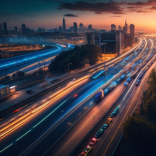 A cityscape at dusk with a mix of electric vehicles and traditional cars moving along a highway, with glowing blue lines and nodes representing traffic patterns and data connections.