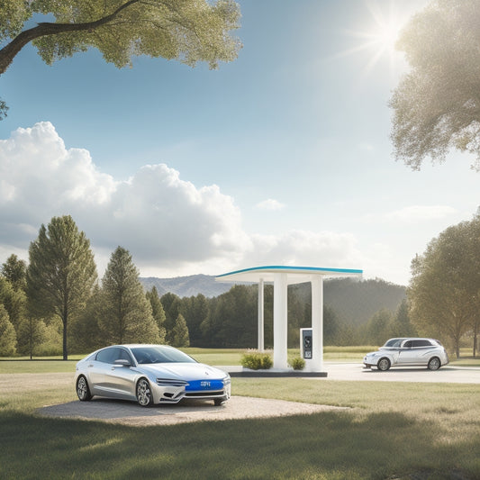 A serene landscape with a sleek, silver electric vehicle parked in front of a modern, solar-powered charging station, surrounded by lush greenery and a bright blue sky with fluffy white clouds.