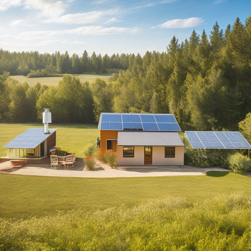 A serene off-grid homestead surrounded by lush greenery, featuring a modern solar panel array, a vertical-axis wind turbine, and a sleek rainwater harvesting system, set against a clear blue sky.