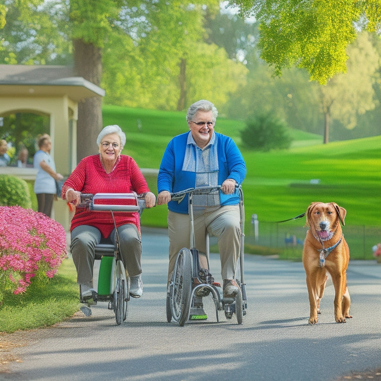 An image depicting three seniors with disabilities riding scooters, one with a wheelchair ramp, one with a basket full of groceries, and one with a companion dog, set against a sunny park background.