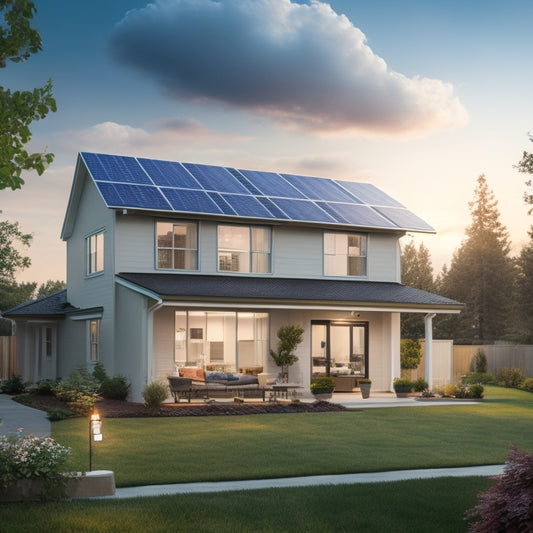 A serene suburban home with a mix of solar panels on the roof, a compact inverter on the side, and a sleek smart meter displaying a decreasing electricity bill.