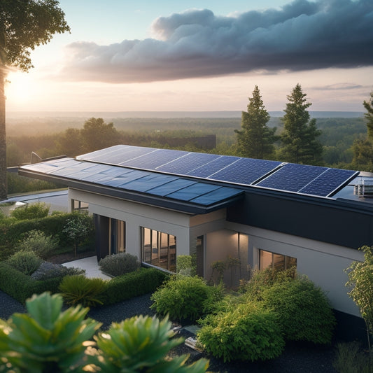 A serene residential rooftop with a sleek, black solar panel array, angled at 30 degrees, surrounded by verdant greenery, with a subtle sunny glow and a few fluffy white clouds in the sky.