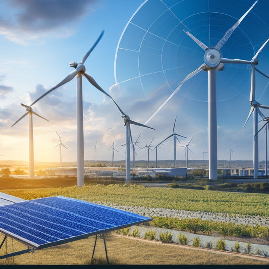 An illustration depicting a globe with clean energy icons (solar panels, wind turbines, etc.) surrounding it, connected by lines and gears, with a subtle government building silhouette in the background.