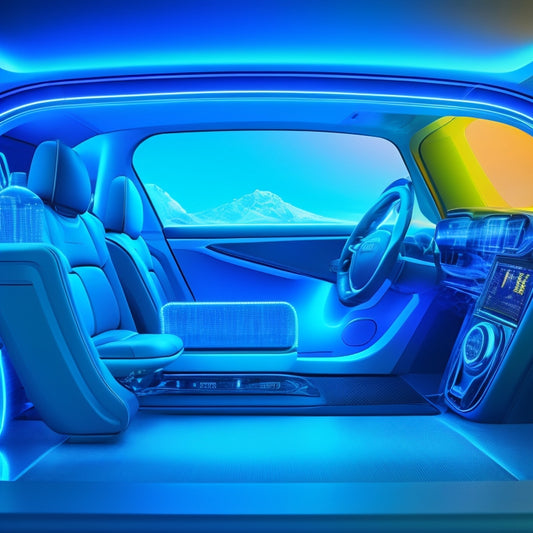 An illustration of a futuristic electric vehicle's interior, with a transparent cutaway revealing a sleek, high-tech battery pack featuring intricate circuitry and glowing blue accents, set against a dark, gradient blue background.