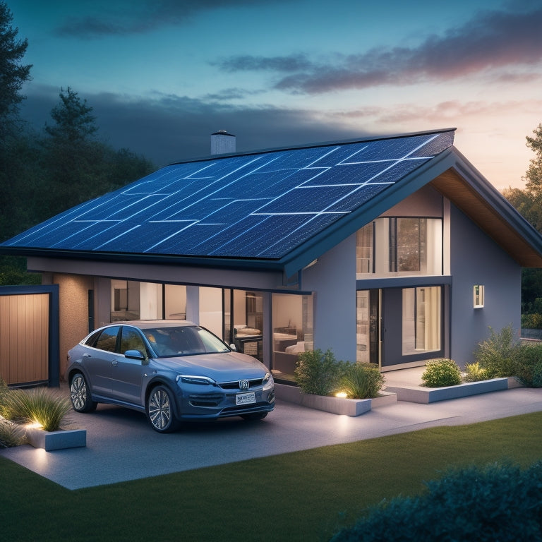 An illustration of a modern home's roof with solar panels, a battery storage unit in the garage, and a network of wires and inverters connecting the two, with a subtle glow effect around the battery.