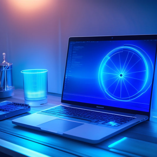 A futuristic, minimalist desktop background featuring a sleek, silver MacBook Air surrounded by various abstract, circular gauges and meters, with subtle, glowing blue lines connecting them.