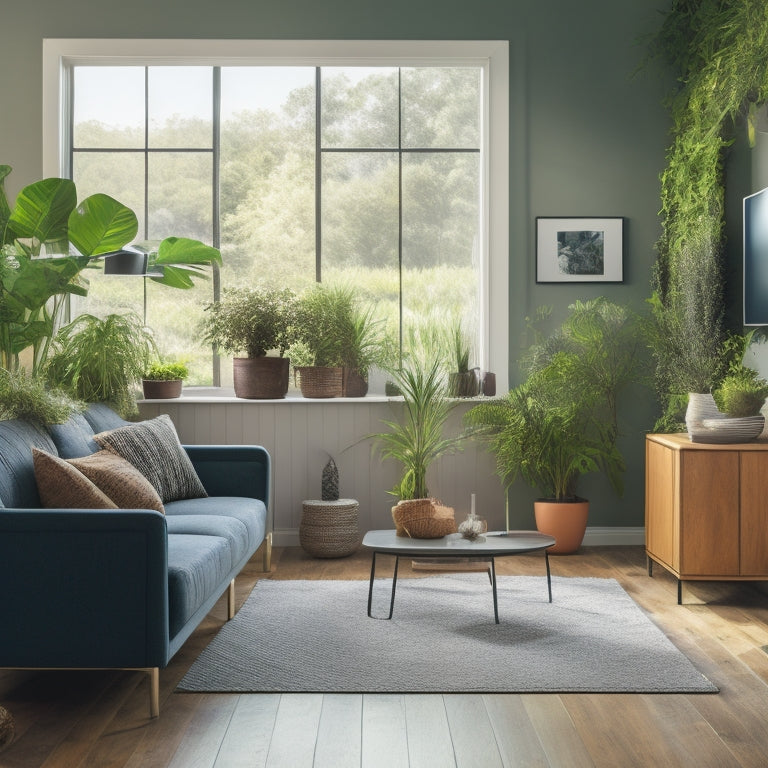 A serene, eco-friendly home scene featuring a modern living room with a lush green wall, solar panels on the roof, and a recycling bin in the corner, surrounded by vibrant plants.