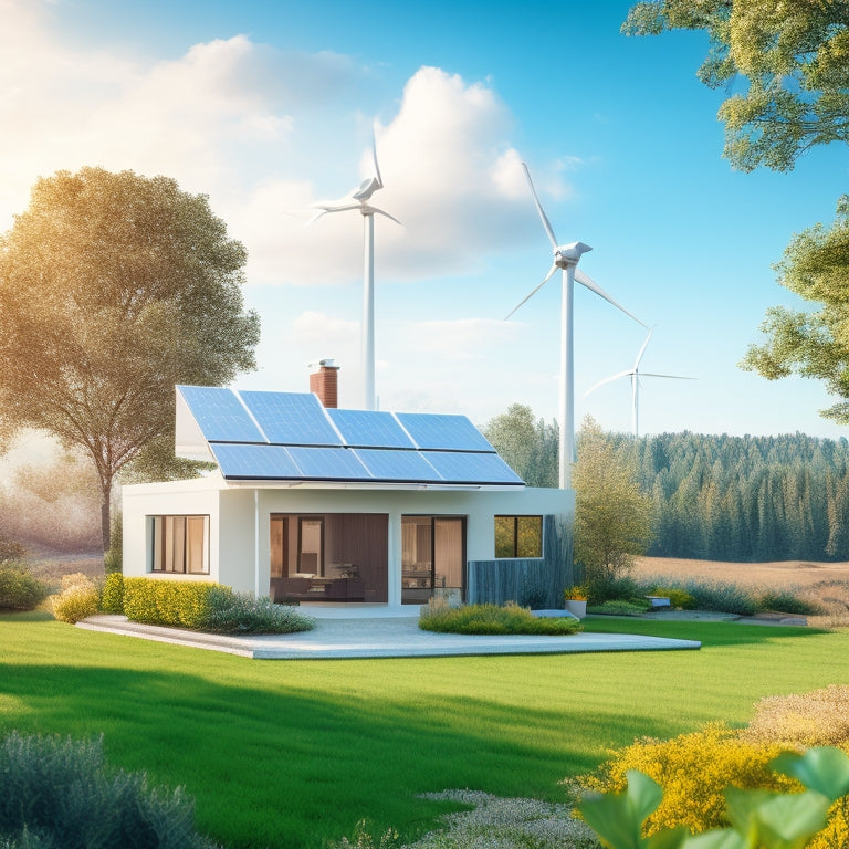 A serene, modern home surrounded by lush greenery, with solar panels on the roof and a wind turbine in the distance, set against a bright blue sky with subtle, fluffy white clouds.