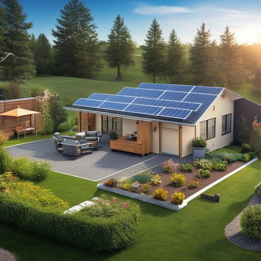 An illustration of a backyard with a slight slope, featuring a partially installed ground-mounted solar panel system with racking, panels, and conduit, surrounded by landscaping and a few tools.