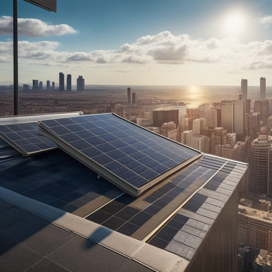 A sunny rooftop with a grid of sleek, black solar panels, surrounded by a bustling cityscape, with a subtle money bag icon integrated into the panel's reflection.