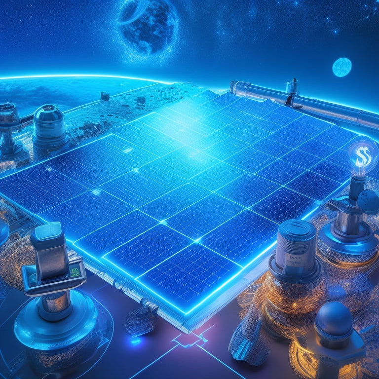 A futuristic illustration of a solar panel system with glowing blue circuits and wires, surrounded by icons of a calendar, wrench, and money symbol, set against a starry night sky with a subtle grid pattern.