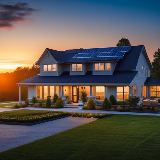 A serene suburban home at sunset with a sleek, modern solar panel array on the roof, accompanied by a pair of contrasting battery backup systems on the lawn, set against a warm orange sky.