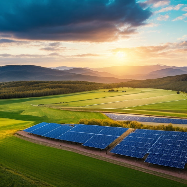 A serene landscape with a sprawling solar farm, featuring rows of sleek, black photovoltaic panels angled towards a bright, cloudy sky, surrounded by lush green hills and a few wind turbines in the distance.