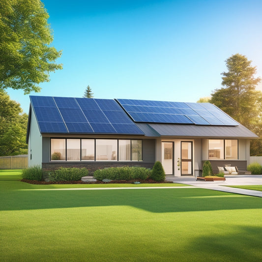 An illustration of a modern suburban home with a ground-mounted solar panel system, featuring a sleek, angular frame, 12-15 panels, and a slight tilt towards the south, amidst a lush green lawn.