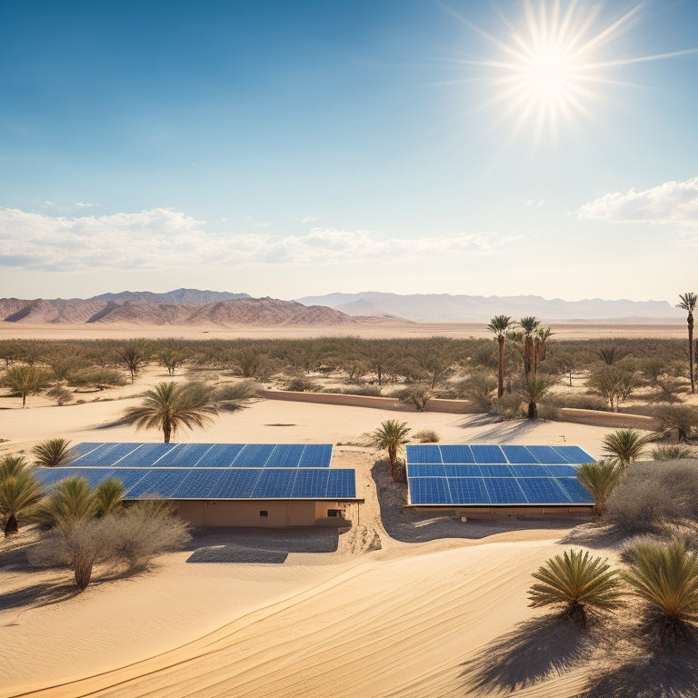 A photograph showcasing a sprawling desert landscape with several solar panels installed on rooftops, with a few palm trees and a distant sandy dune under a bright, clear blue sky.