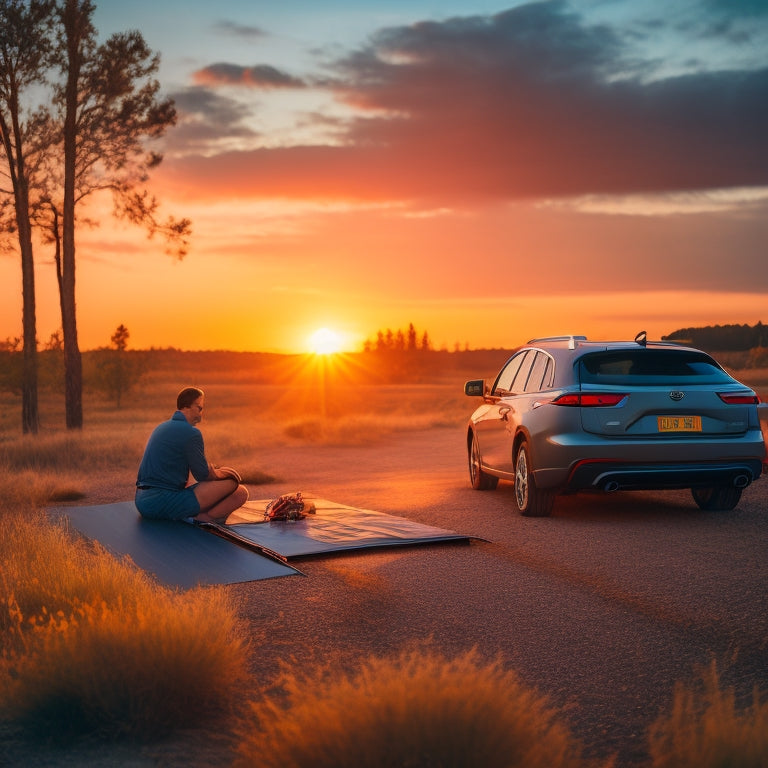 A serene outdoor scene with a parked car, a person in the distance, and a portable solar panel unfolded on the ground, connected to the car's battery, with a subtle sunset glow.