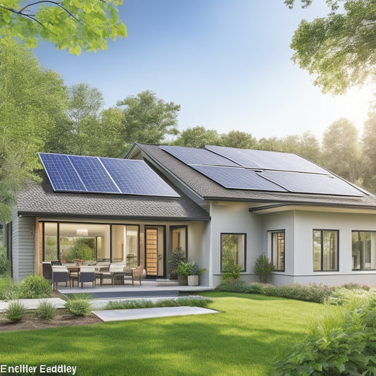 A serene suburban home with a sloping roof, surrounded by lush greenery, featuring a sleek, modern solar panel system with 12-15 panels, angled at 30-40 degrees, with a few windows reflecting sunlight.