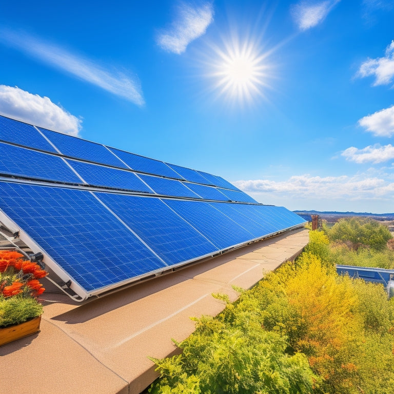 A bright blue sky with a few puffy white clouds above a residential rooftop, featuring a row of sleek solar panels with a few leaves and dirt accumulated, alongside a variety of cleaning tools and equipment.