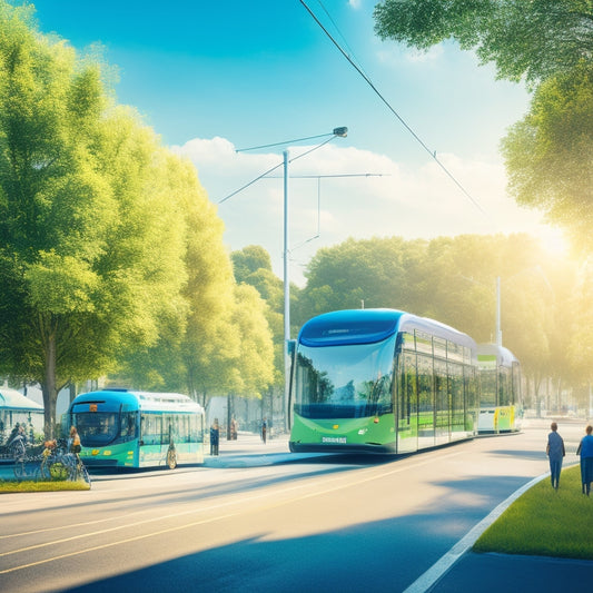 An illustration of a bustling cityscape with a fleet of electric buses and trams, surrounded by lush greenery, with a few electric vehicles and cyclists in motion, under a bright blue sky with fluffy white clouds.