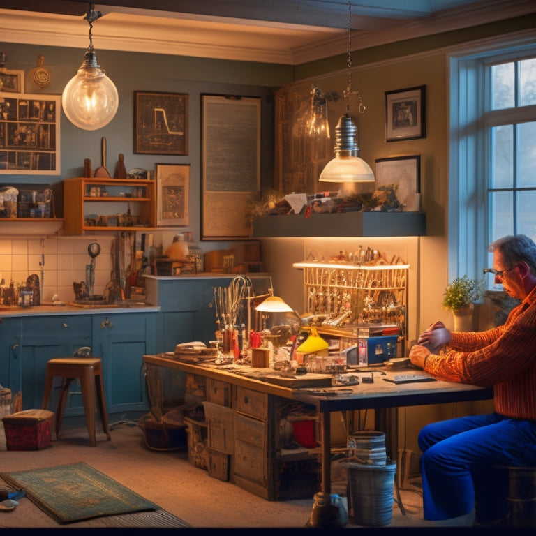 An illustration of a house with a circuit breaker box open, wires and sparks flying out, a flickering light bulb, and a concerned homeowner in the background, surrounded by scattered tools and diagrams.